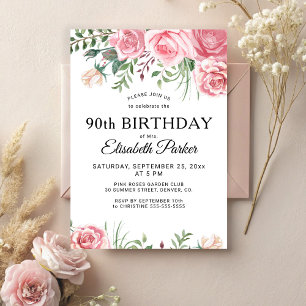 Invitation Fleurs roses féminines florales 90 ans fete d'anni