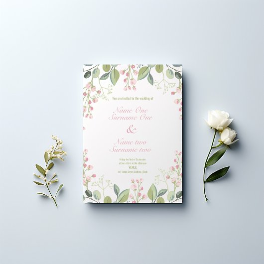 Invitation Fleurs roses, feuilles d'olivier, mariage de jardi