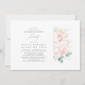 Invitation Fleurs roses Feuilles d'or Élégante fête de gradua (Devant)