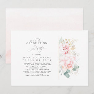 Invitation Fleurs roses Feuilles d'or Élégante fête de gradua