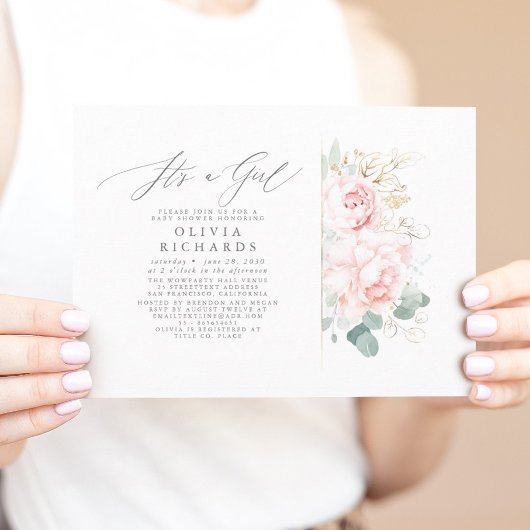 Invitation Fleurs roses Feuilles or Baby shower élégant