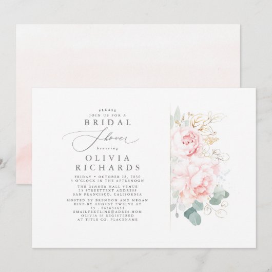 Invitation Fleurs roses Feuilles or Fête des mariées élégante (Devant / Derrière)