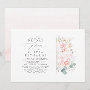 Invitation Fleurs roses Feuilles or Fête des mariées élégante
