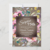 Invitation Fleurs roses feuilles rustiques marron 75e anniver (Devant)