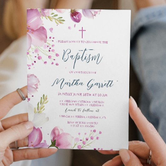Invitation Fleurs roses Fille Baptême Christening