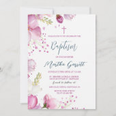 Invitation Fleurs roses Fille Baptême Christening (Devant)