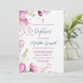 Invitation Fleurs roses Fille Baptême Christening (Debout devant)