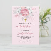 Invitation Fleurs roses fille croix or baptises (Debout devant)