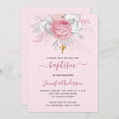 Invitation Fleurs roses fille croix or baptises (Devant / Derrière)