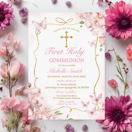 Invitation Fleurs roses Fille Papillon Première Communion sai