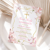 Invitation Fleurs roses Fille Papillon Première Communion sai