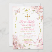 Invitation Fleurs roses Fille Papillon Première Communion sai (Devant)