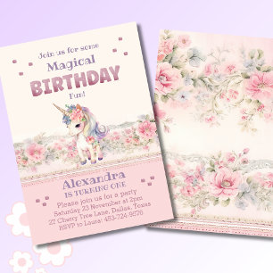 Invitation Fleurs roses fille Unicorn 1er anniversaire fête