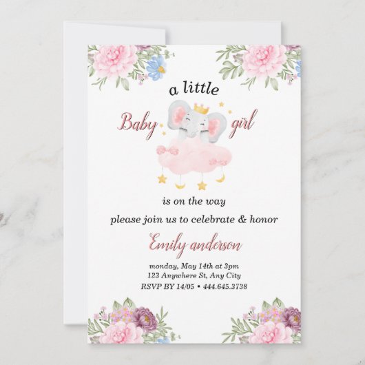 Invitation Fleurs roses Filles Eléphant Baby shower Invitatio (Devant)