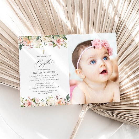 Invitation Fleurs roses, Fleurs blanches, Bohème, Baptême flo