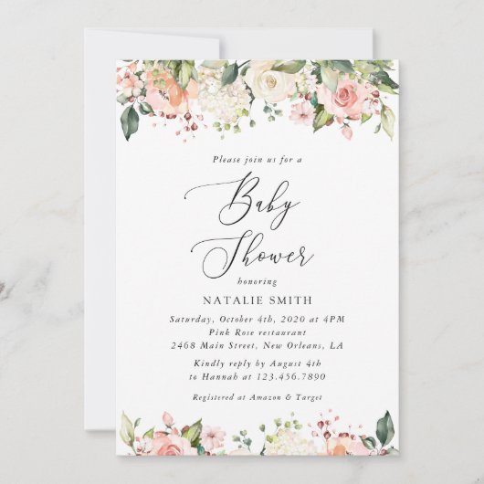 Invitation Fleurs roses, Fleurs blanches, Boho, Baby shower (Devant)
