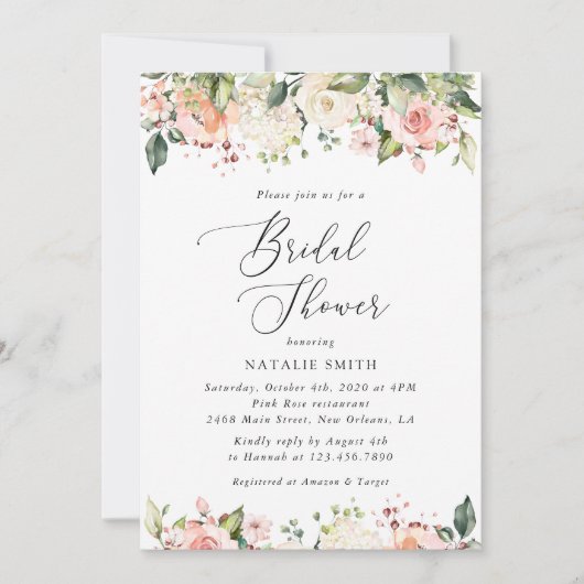 Invitation Fleurs roses, Fleurs blanches, Boho, Fête des mari (Devant)