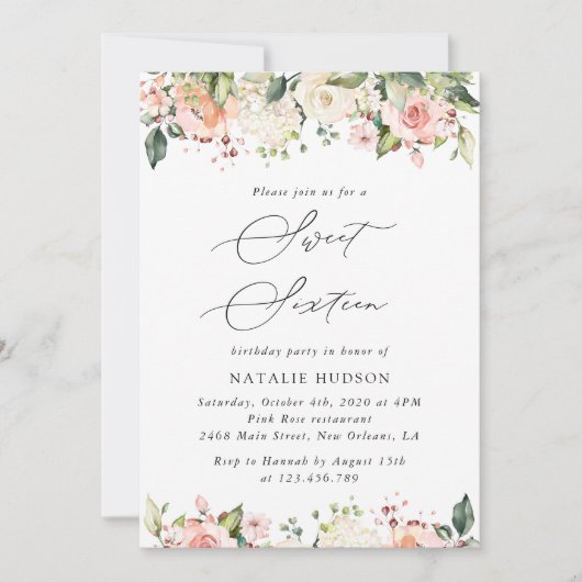 Invitation Fleurs roses, Fleurs blanches, Boho, Sweet 16 (Devant)
