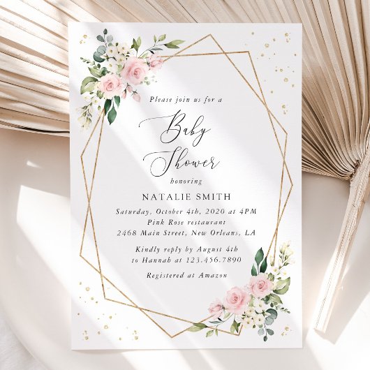 Invitation Fleurs roses, Fleurs blanches, Verdure, Baby Showe