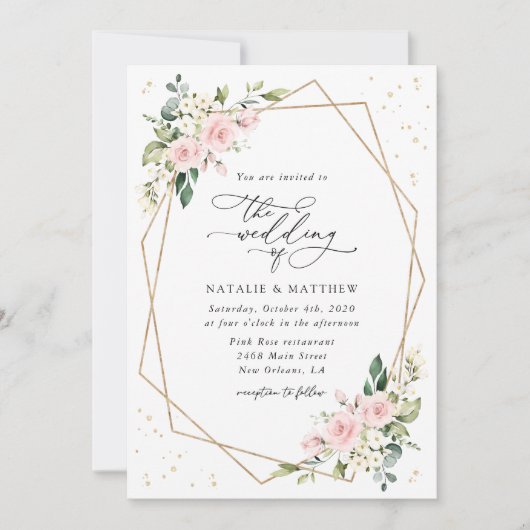 Invitation Fleurs roses, Fleurs blanches, Verdure, Mariage (Devant)
