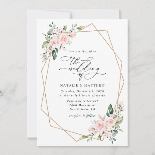 Invitation Fleurs roses, Fleurs roses, Verdure, Mariage (Devant)
