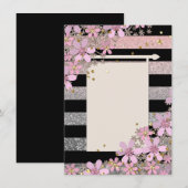 Invitation Fleurs roses florales ligne à rayures pois dorées (Devant / Derrière)