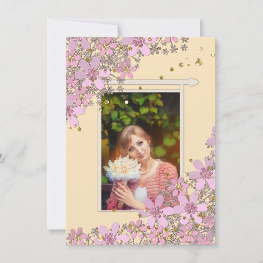 Invitation Fleurs roses florales parties scintillant pois dor (Devant)