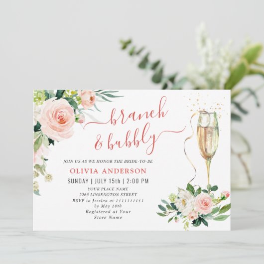 Invitation Fleurs Roses Fluides Verdure Brunch Floral & Bubbl (Debout devant)