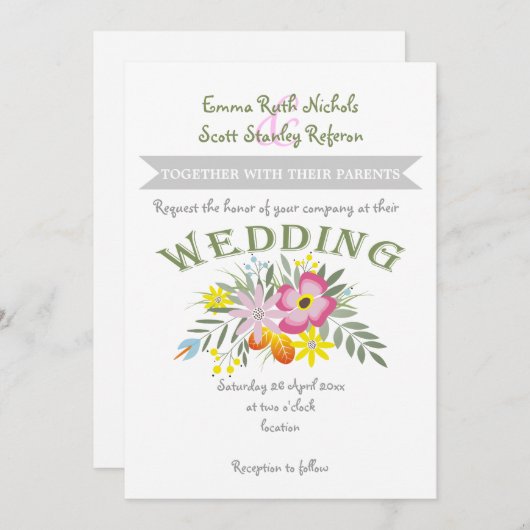 Invitation Fleurs roses folklore mariage moderne à fleurs flo (Devant / Derrière)