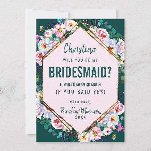 Invitation Fleurs roses garniture dorée jade d'émeraude demoi (Devant)