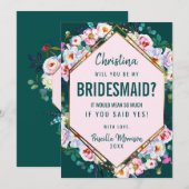 Invitation Fleurs roses garniture dorée jade émeraude demoise (Devant / Derrière)