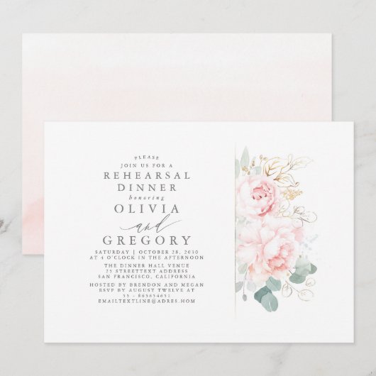 Invitation Fleurs roses Gold Feuilles Dîner de répétition élé (Devant / Derrière)
