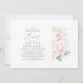 Invitation Fleurs roses Gold Feuilles Élégant Brunch d'annive (Devant)