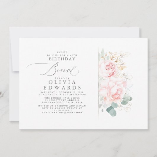 Invitation Fleurs roses Gold Feuilles Élégant Brunch d'annive (Devant)