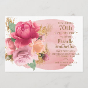 Invitation Fleurs roses Gold Parties scintillant 70e fête d'a