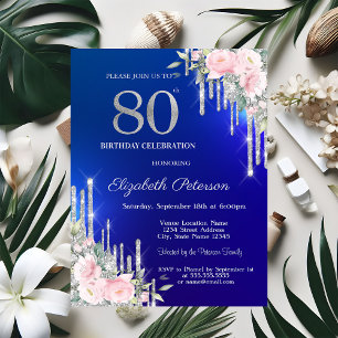 Invitation Fleurs Roses Gouttes de Paillettes Argentées 80ème