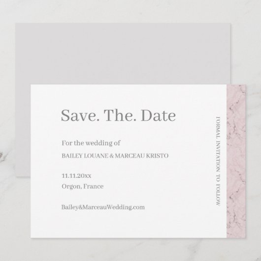 Invitation Fleurs roses grises et blanches en marbre Save The (Devant / Derrière)