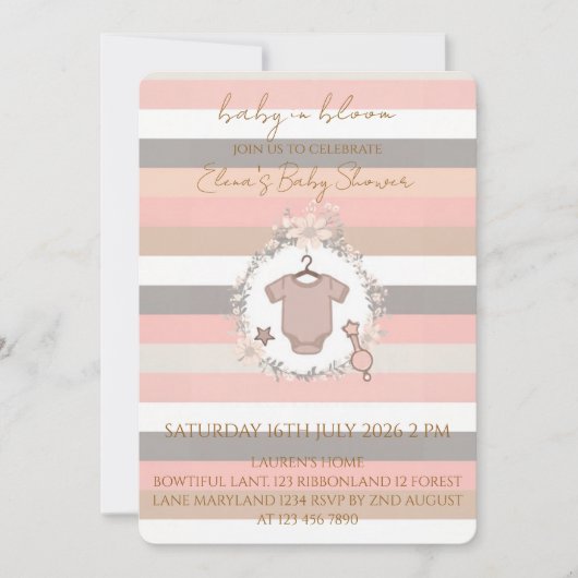 Invitation Fleurs roses grises pour bébé en fleurs (Devant)