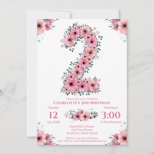 Invitation Fleurs roses Gros 2ème anniversaire fille Foliage (Devant)