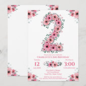 Invitation Fleurs roses Gros 2ème anniversaire fille Foliage (Devant / Derrière)