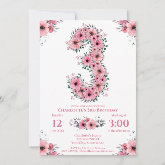 Invitation Fleurs roses Gros 3ème anniversaire fille Foliage (Devant)