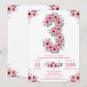 Invitation Fleurs roses Gros 3ème anniversaire fille Foliage (Devant / Derrière)