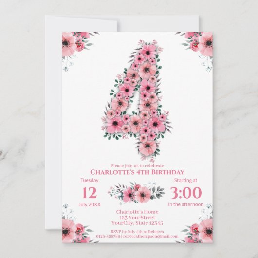 Invitation Fleurs roses Gros 4e anniversaire Fille Foliage ve (Devant)