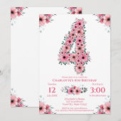 Invitation Fleurs roses Gros 4e anniversaire Fille Foliage ve (Devant / Derrière)