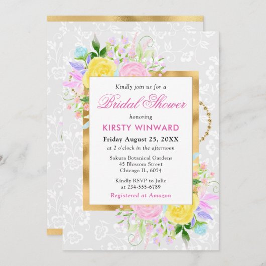 Invitation Fleurs roses, jaunes et bleues Fête des mariées or (Devant / Derrière)