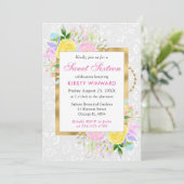 Invitation Fleurs roses, jaunes et bleues Gold Sweet 16 (Debout devant)