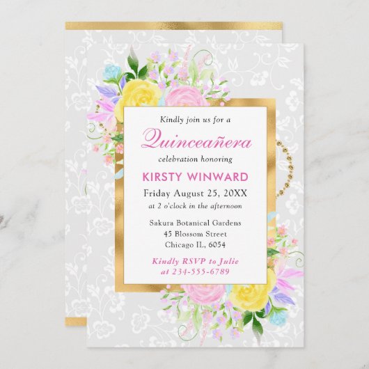 Invitation Fleurs roses, jaunes et bleues Quinceanera or (Devant / Derrière)