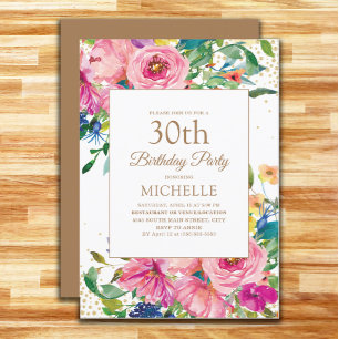 Invitation Fleurs roses jaunes Paillettes dorées 30e annivers