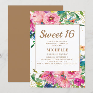 Invitation Fleurs roses jaunes Paillettes dorées Sweet 16