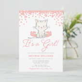 Invitation Fleurs roses Kitten Baby shower fille (Debout devant)